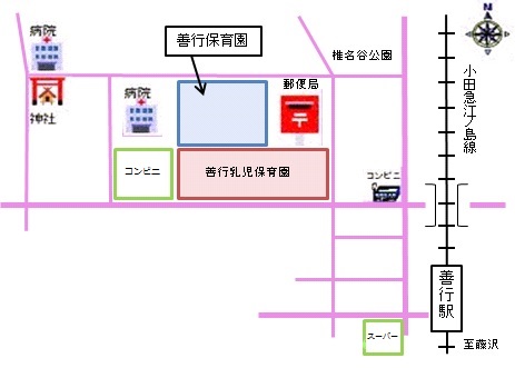 善行保育園および善行乳児保育園周辺の簡略地図